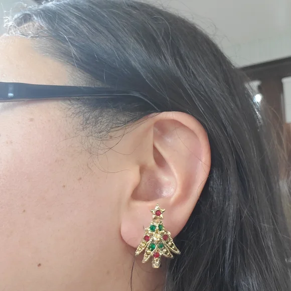 VTG Goldtone Screwback Rhinestone Chrismas Tree Earrings - Picture 3 of 3